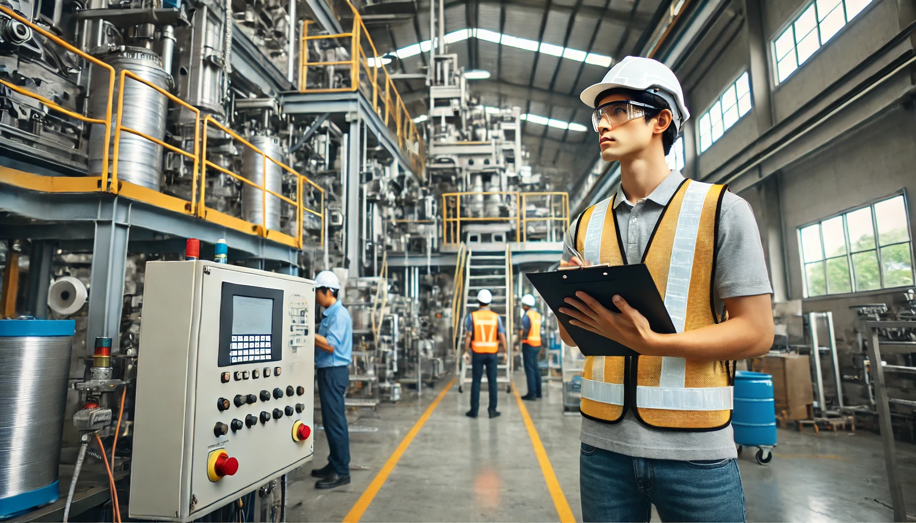 Eine Szene, die eine Person zeigt, die vor einer Produktionsanlage steht und die Maschinen inspiziert oder kontrolliert. Die Person trägt eine entsprechende Arbeitsschutzkleidung.